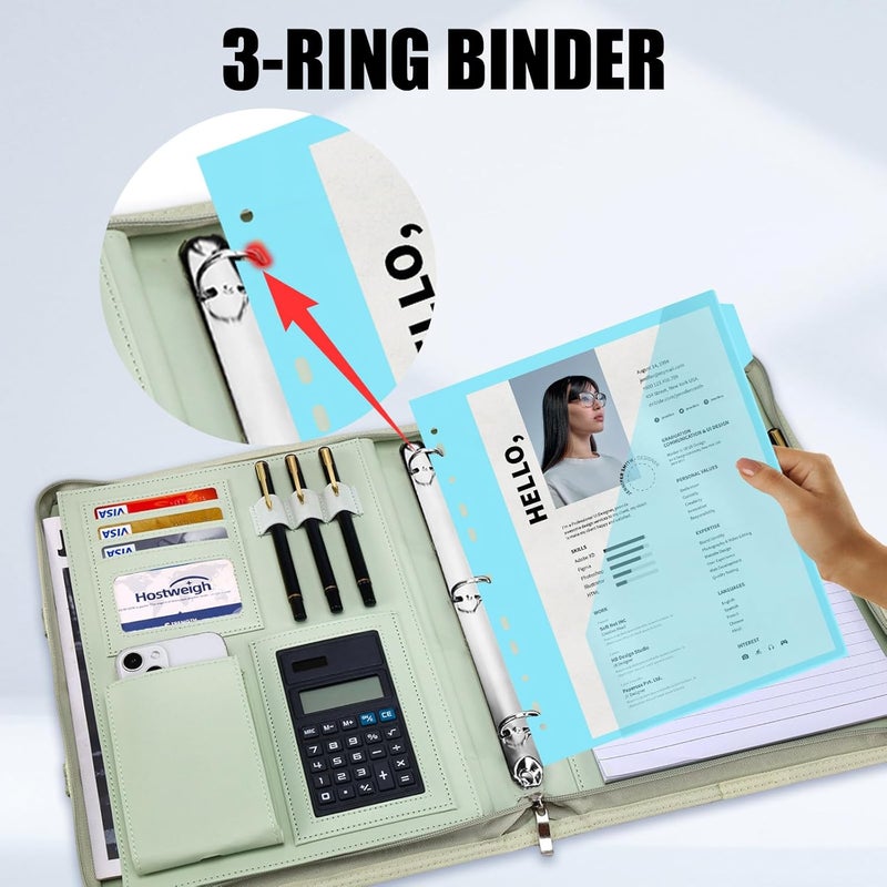 NATISERAUM Portfolio Binder - 3 Ring Binder with Handle, Vegan Leather Business Padfolio Folder with Notepad, Includes 5 Dividers with 10 Pockets for Documents Files - Image 5